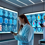 **Protein Database Exploration:** A visually engaging scene depicting researchers in a modern lab setting, interacting with holographic projections of protein structures and data visualizations. The scene should convey a sense of discovery and cutting-edge technology. Focus on bright colors and futuristic elements.