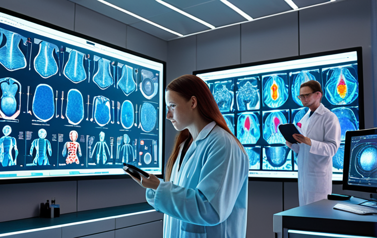 **Protein Database Exploration:** A visually engaging scene depicting researchers in a modern lab setting, interacting with holographic projections of protein structures and data visualizations. The scene should convey a sense of discovery and cutting-edge technology. Focus on bright colors and futuristic elements.
