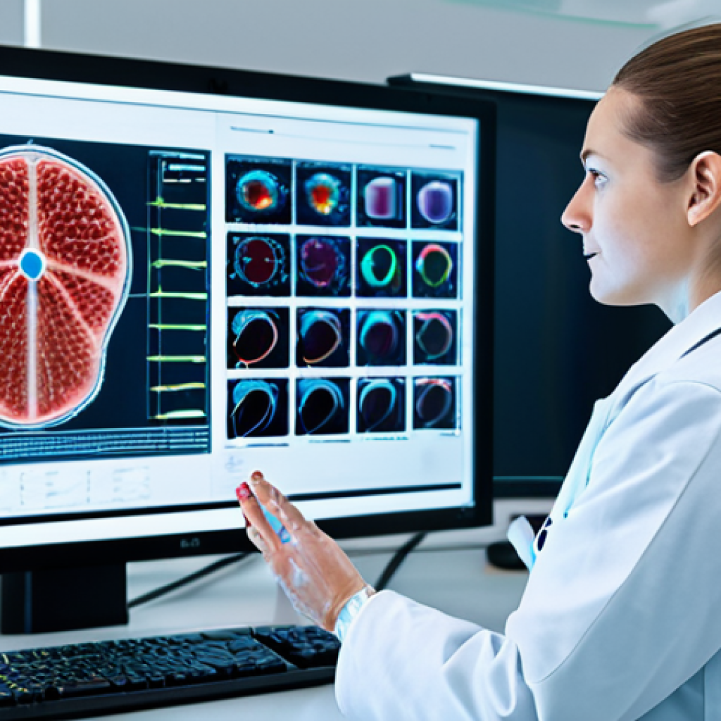 A highly skilled female scientist in a professional, modest lab coat and scrubs, fully clothed, standing confidently in a state-of-the-art medical laboratory. She is interacting with a futuristic, holographic display showing complex molecular structures and blood test results, with genomic data visualizations. Her hands are in a natural pose, gesturing towards the display, indicating analysis and discovery. The laboratory is clean, brightly lit, with advanced diagnostic equipment and glowing screens in the background, conveying an ambiance of scientific innovation and precision. safe for work, appropriate content, professional dress, family-friendly, perfect anatomy, correct proportions, natural body proportions, well-formed hands, proper finger count, professional photography, ultra-detailed, high-resolution, medical illustration style.