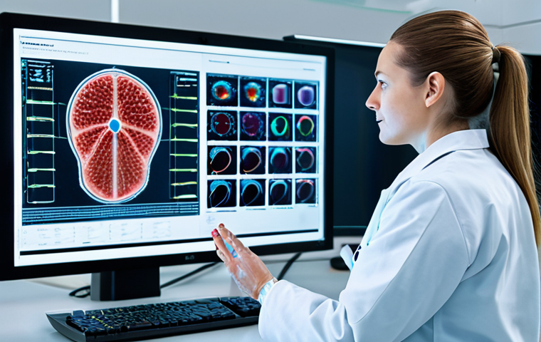 A highly skilled female scientist in a professional, modest lab coat and scrubs, fully clothed, standing confidently in a state-of-the-art medical laboratory. She is interacting with a futuristic, holographic display showing complex molecular structures and blood test results, with genomic data visualizations. Her hands are in a natural pose, gesturing towards the display, indicating analysis and discovery. The laboratory is clean, brightly lit, with advanced diagnostic equipment and glowing screens in the background, conveying an ambiance of scientific innovation and precision. safe for work, appropriate content, professional dress, family-friendly, perfect anatomy, correct proportions, natural body proportions, well-formed hands, proper finger count, professional photography, ultra-detailed, high-resolution, medical illustration style.
