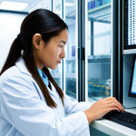 Home 8 A focused female scientist in a white lab coat and modest professional attire, carefully observing data on a glowing, advanced molecular sequencing machine in a state-of-the-art laboratory. The sterile environment is filled with high-tech equipment and intricate wiring, conveying precision and scientific advancement. The lighting is bright and clean, emphasizing the meticulous nature of the work. The image should convey professionalism and expertise, with perfect anatomy, correct proportions, natural pose, well-formed hands, proper finger count, and natural body proportions. This is safe for work, appropriate content, and fully clothed.
