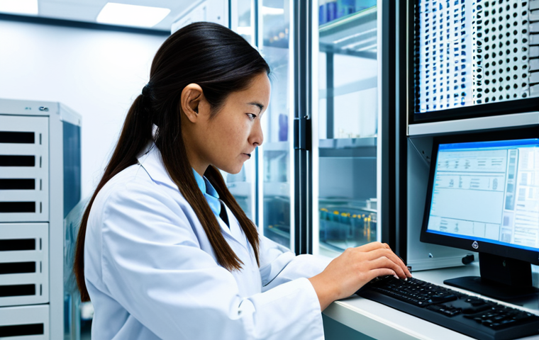 A focused female scientist in a white lab coat and modest professional attire, carefully observing data on a glowing, advanced molecular sequencing machine in a state-of-the-art laboratory. The sterile environment is filled with high-tech equipment and intricate wiring, conveying precision and scientific advancement. The lighting is bright and clean, emphasizing the meticulous nature of the work. The image should convey professionalism and expertise, with perfect anatomy, correct proportions, natural pose, well-formed hands, proper finger count, and natural body proportions. This is safe for work, appropriate content, and fully clothed.