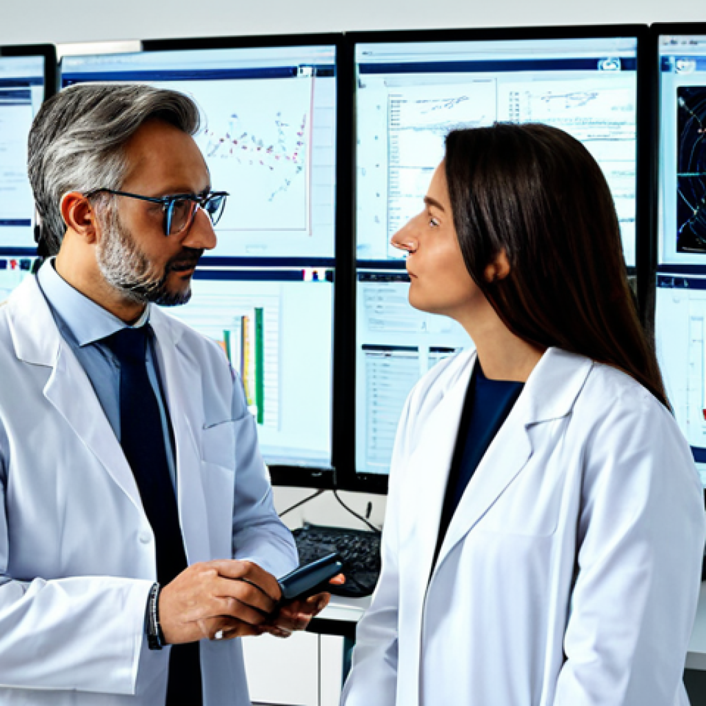 AI와 유전자 편집 - AI-Powered Drug Discovery**
"A team of scientists, fully clothed in lab coats, collaborating in a m...