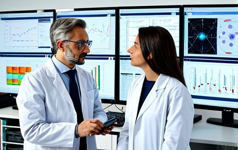 AI와 유전자 편집 - AI-Powered Drug Discovery**
"A team of scientists, fully clothed in lab coats, collaborating in a m...