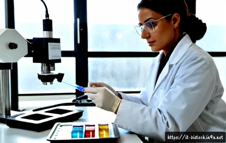 바이오마커 분석 - Photorealistic biomedical laboratory scene in Italy, a focused female scientist in a clean white lab...