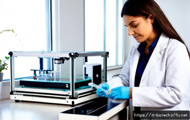 3D 바이오 프린팅 기술 - Photorealistic biomedical laboratory in Italy, a focused female researcher in a clean white lab coat...